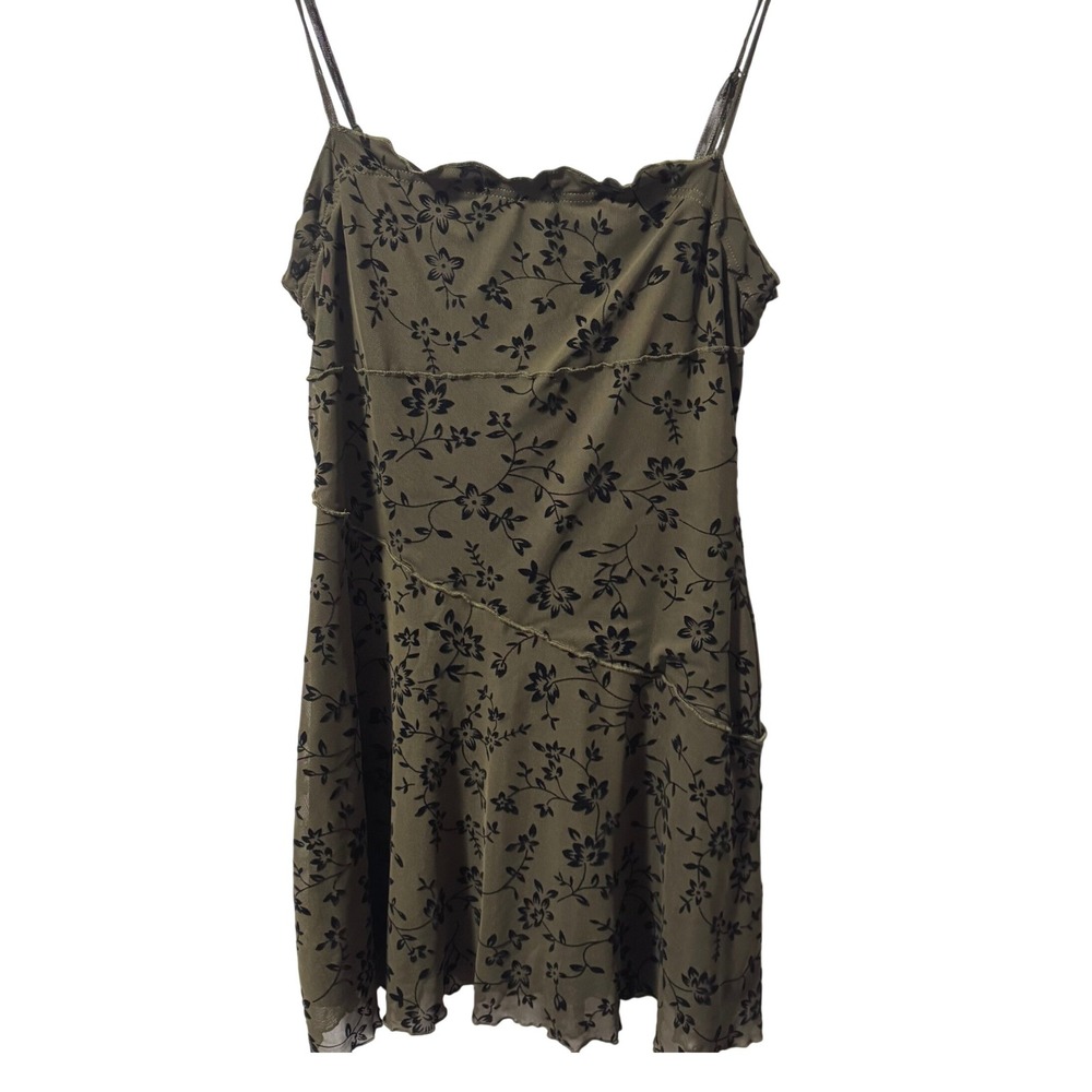 Whimsigoth Olive Green Floral Lace Flocked Mesh Mini Dress Lettuce Trim 90s Y2K